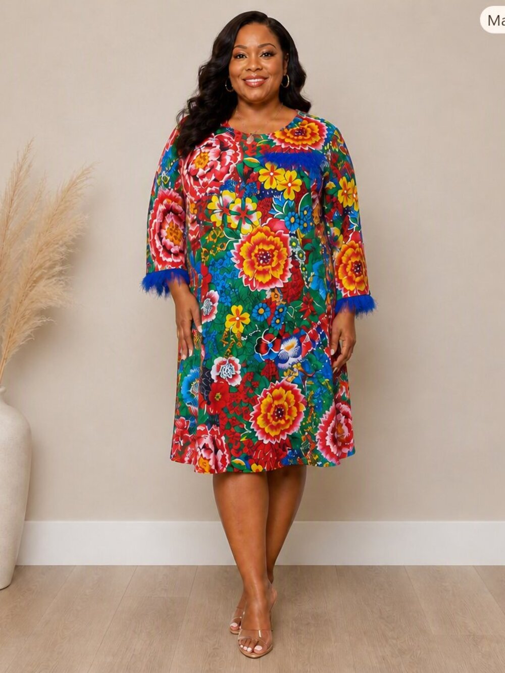 Vibrant Floral Shift Dress with Ostich Feather Trim